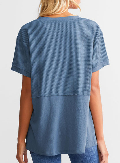 ✨Women's Casual V Neck Waffle Knit Tops Short Sleeve T Shirts