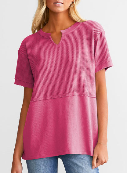 ✨Women's Casual V Neck Waffle Knit Tops Short Sleeve T Shirts