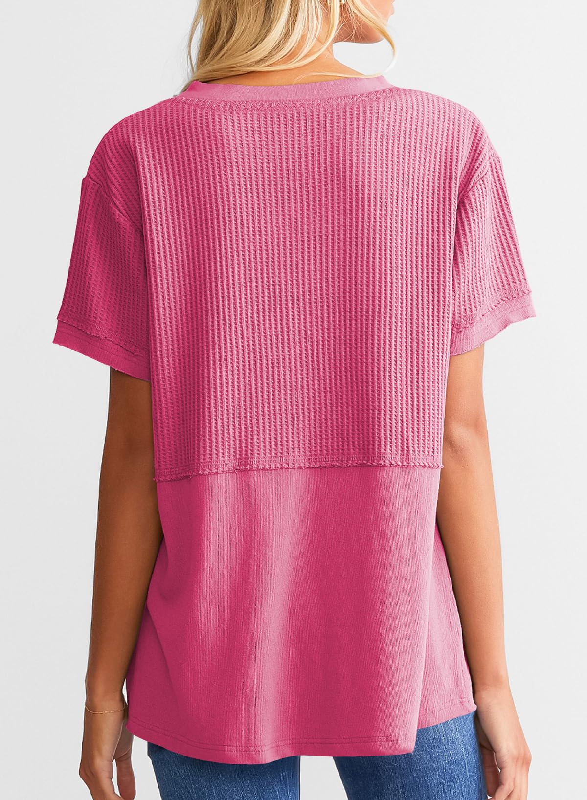 ✨Women's Casual V Neck Waffle Knit Tops Short Sleeve T Shirts