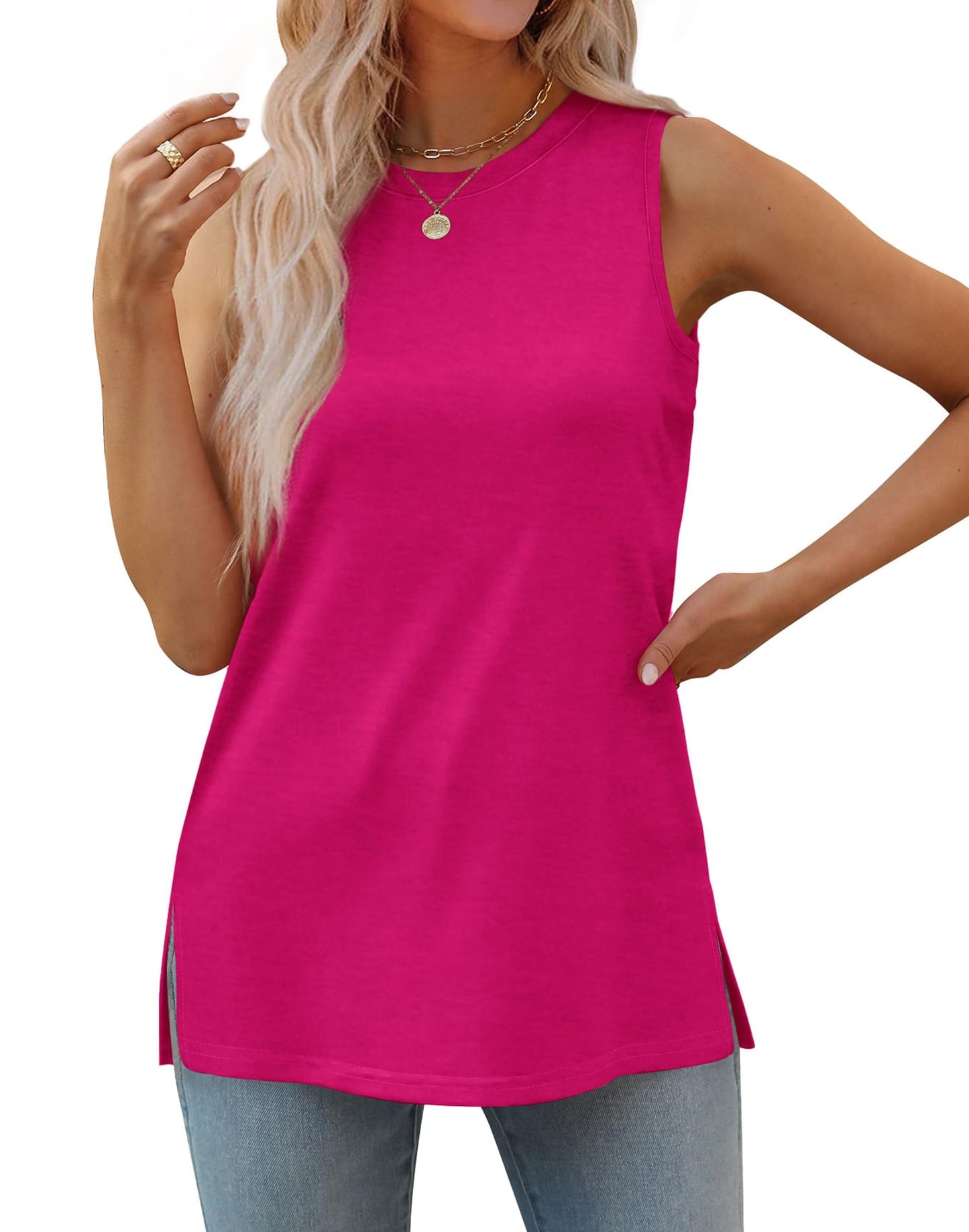 ✨Womens Crewneck Loose Fit Side Split  Basic Casual Summer Tank Tops