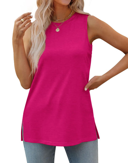 ✨Womens Crewneck Loose Fit Side Split  Basic Casual Summer Tank Tops
