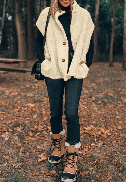 Women's Oversized Warm Button Down Sherpa Vest Jacket with Pockets