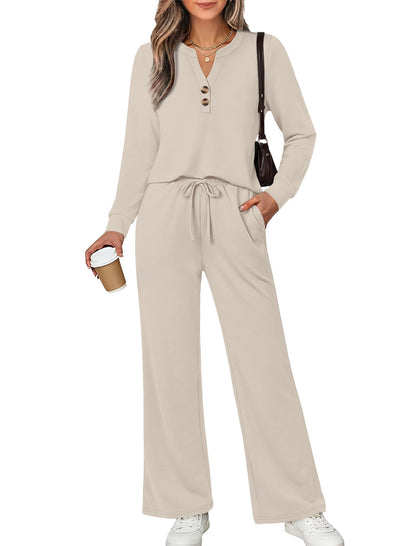 ⏰Hot Sale-Women Two Piece Lounge Set Long Sleeve Top Wide Leg Pants
