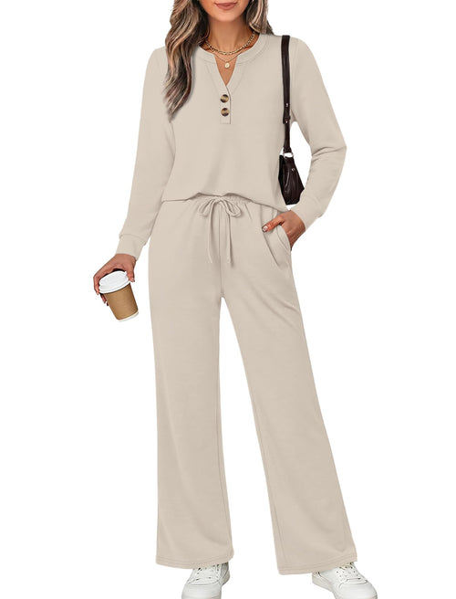 ⏰Hot Sale-Women Two Piece Lounge Set Long Sleeve Top Wide Leg Pants