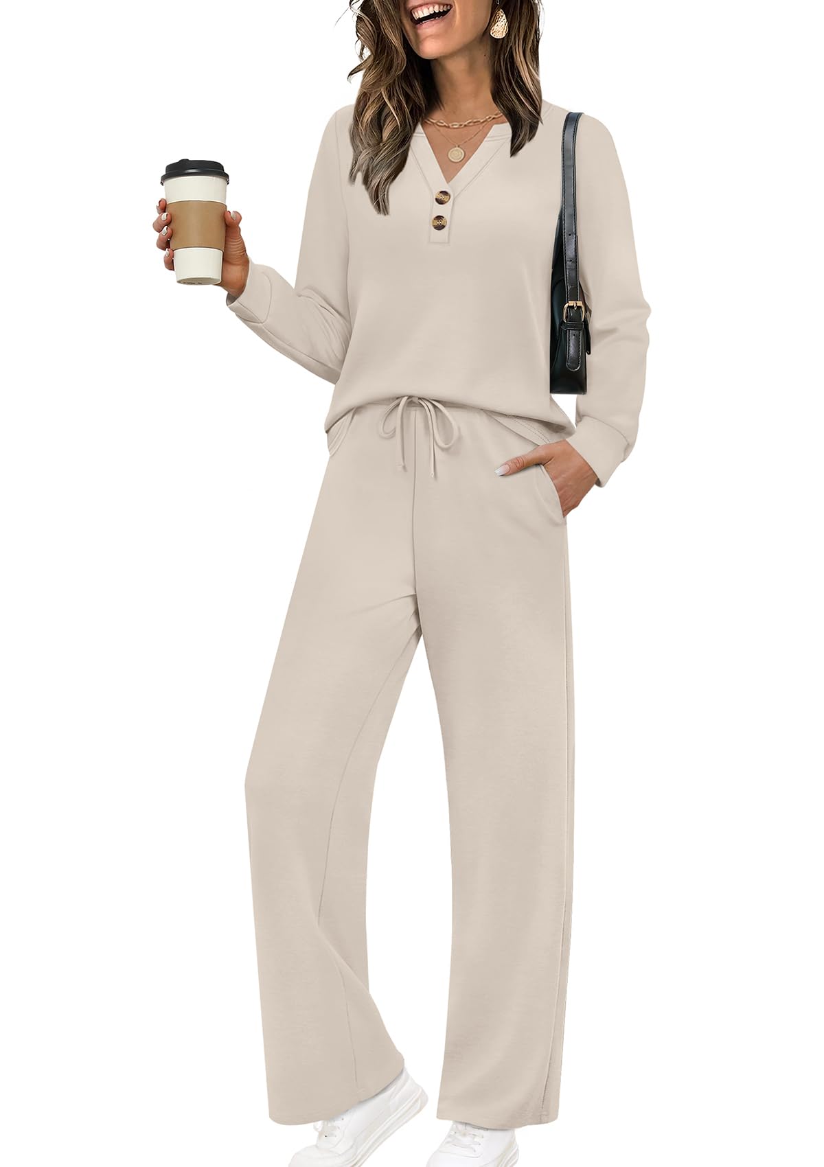 ⏰Hot Sale-Women Two Piece Lounge Set Long Sleeve Top Wide Leg Pants
