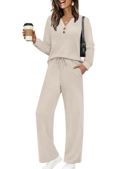 ⏰Hot Sale-Women Two Piece Lounge Set Long Sleeve Top Wide Leg Pants