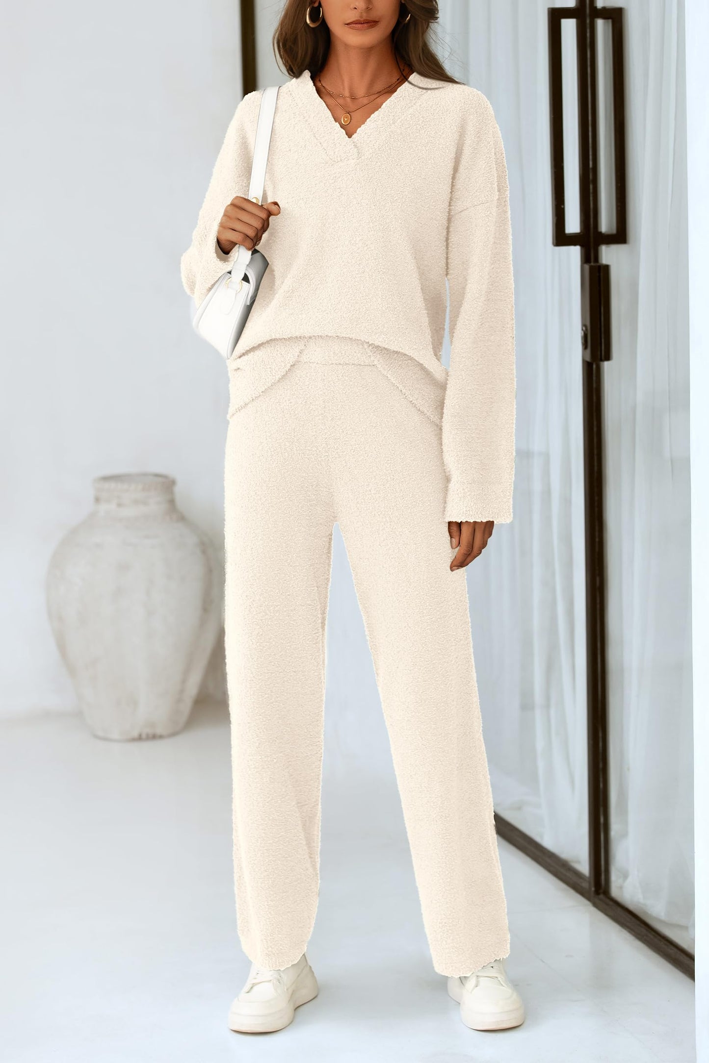 ✨Women's 2 Piece Oversized V Neck Pullover Sweater Fuzzy Lounge Set