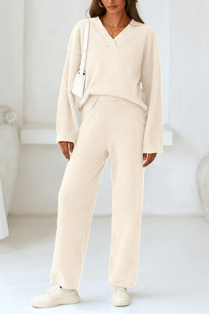 ✨Women's 2 Piece Oversized V Neck Pullover Sweater Fuzzy Lounge Set
