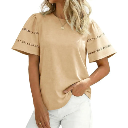 Round Neck Double Hollow Stripe Puff Short Sleeve Loose Basic Tee