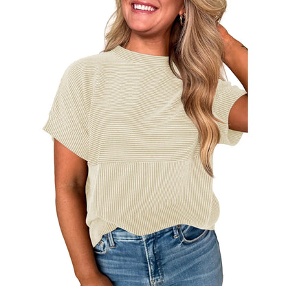 Women Textured Rib Splice Crew Neck Loose Fit Knit Short Sleeve T-shirt