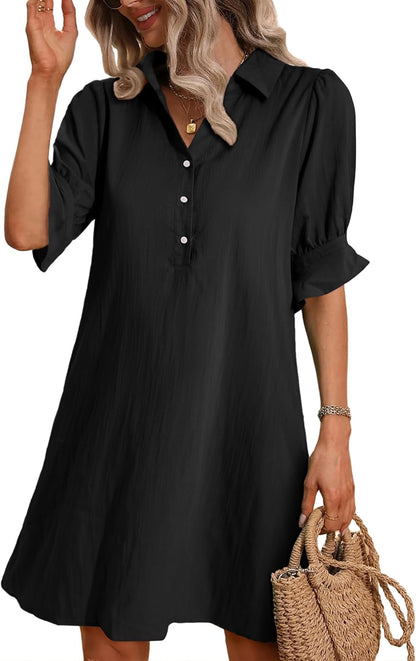 ✨Womens Casual Shirt Dress Ruffle Sleeve Solid Color Button Down