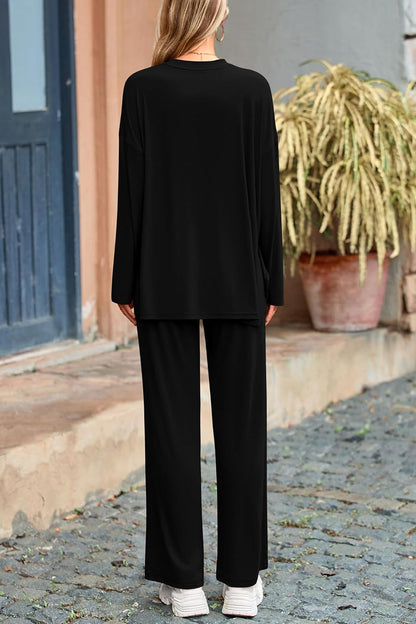 ✨Women's Matching Long Sleeve Shirts Wide Leg Pants Two Piece Lounge Sets