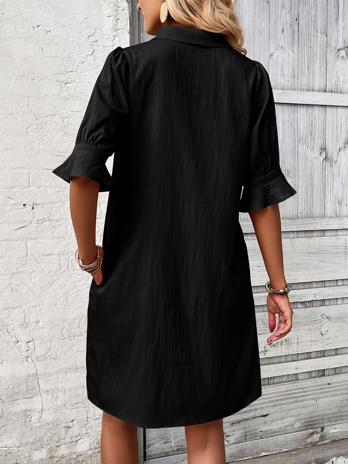 Limited time sale🔥 Womens Casual Shirt Dress Ruffle Sleeve Solid Color Button Down