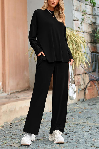 ✨Women's Matching Long Sleeve Shirts Wide Leg Pants Two Piece Lounge Sets
