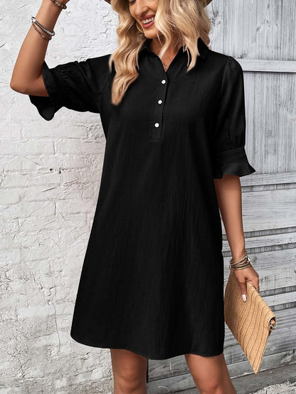 ✨Womens Casual Shirt Dress Ruffle Sleeve Solid Color Button Down