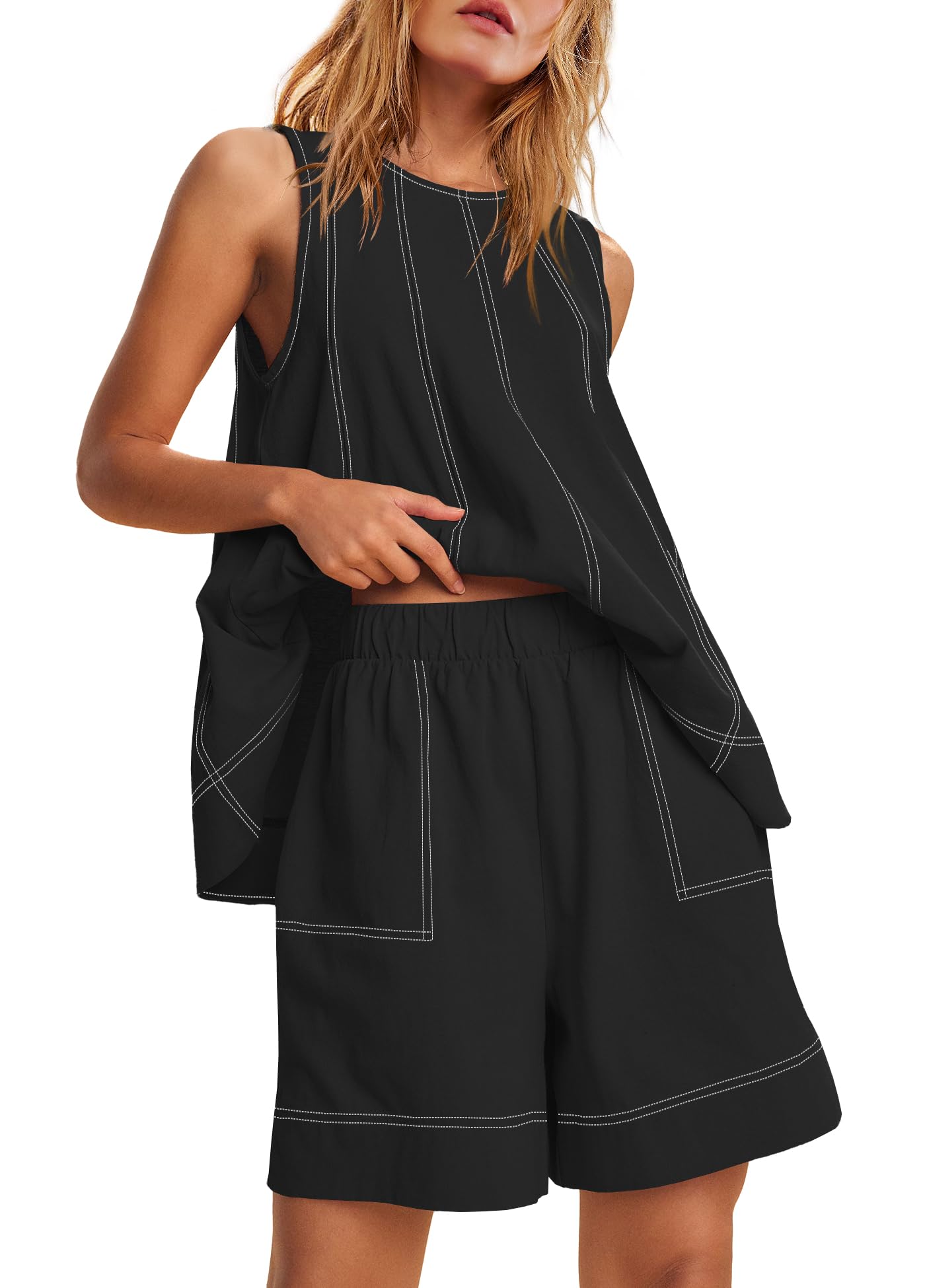 Women's Contrast Stitch 2-Piece Outfit, Sleeveless Tank Top & High Waist Shorts Set