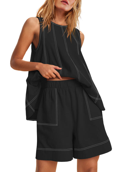 Women's Contrast Stitch 2-Piece Outfit, Sleeveless Tank Top & High Waist Shorts Set