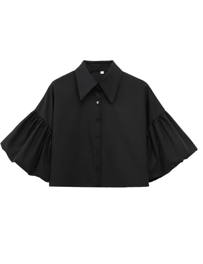 ✨Womens Cute Lantern Sleeve Collar Button Down Crop Tops