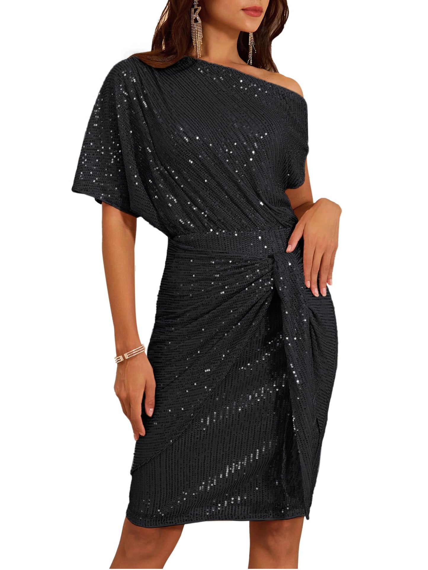 ✨Women's Sequin Sparkly Glitter One Shoulder Ruched Bodycon Dress(Last day 50% OFF!!!)