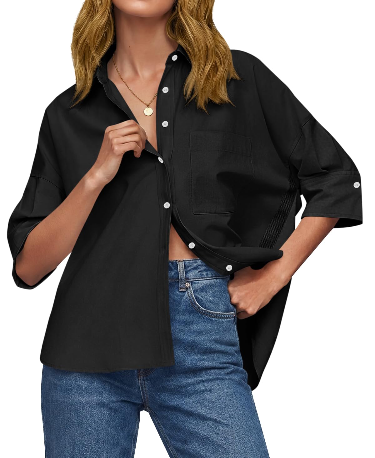 Womens Oversized Button Down Shirts Half Sleeve V Neck Blouses