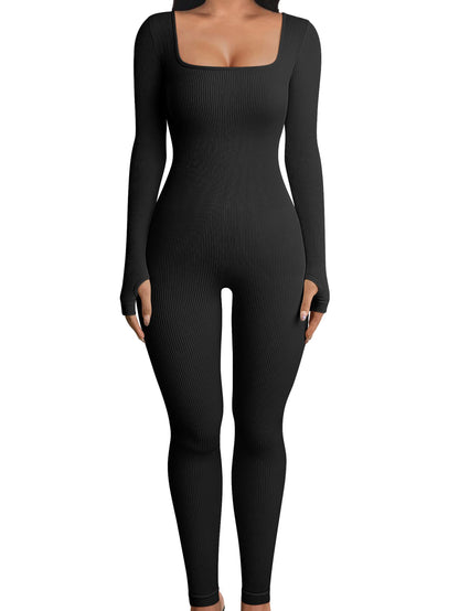 Women Yoga Jumpsuits Workout Ribbed Long Sleeve Sport Jumpsuits