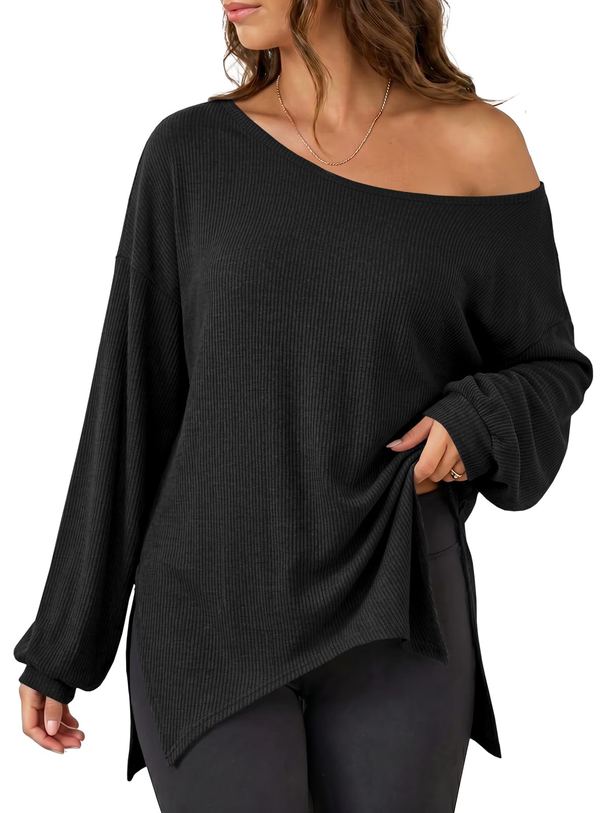 Womens Oversized Off The Shoulder Ribbed Knit Sweatshirts