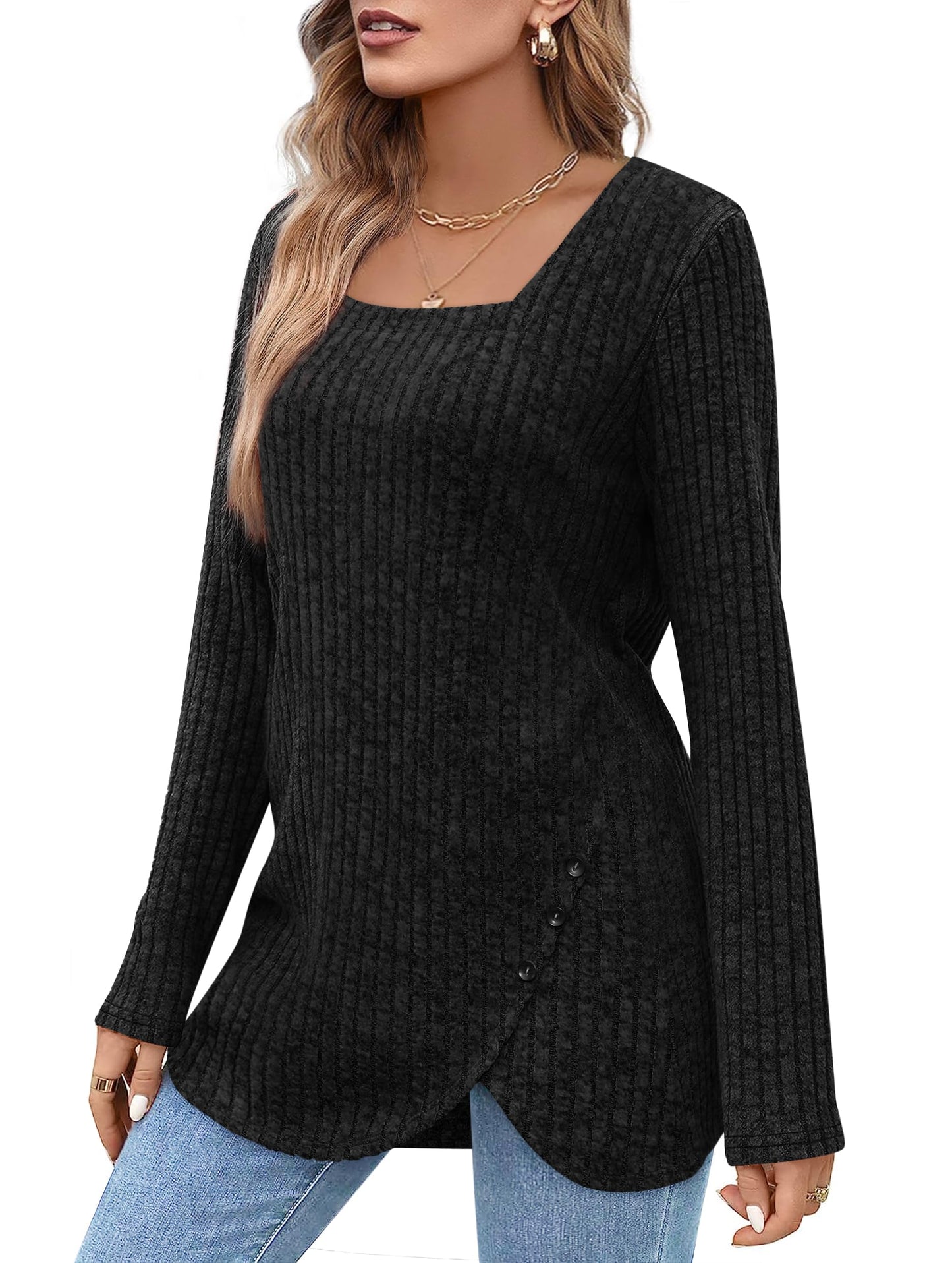 ✨Squared Neck Sweater Ribbed Knit Tunic Tee Shirts