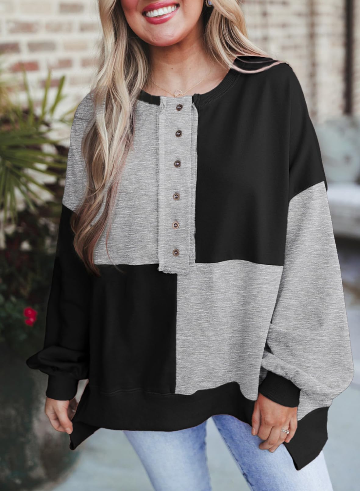 ⏰Hot Sale-Women's Casual Color Block Loose Button Henley Pullover Top