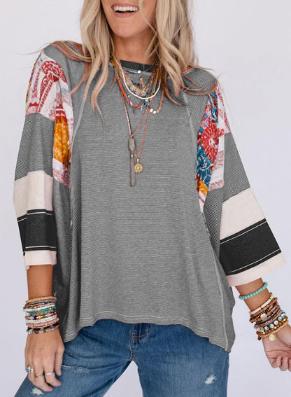 ✨Women's 3/4 Length Sleeve Oversized Striped Patchwork Shirts