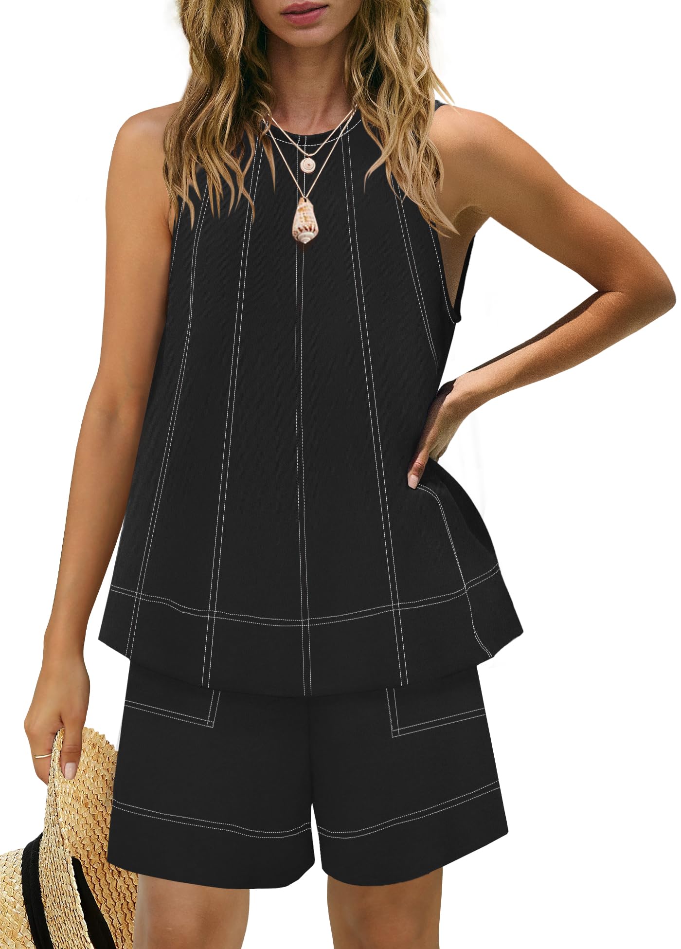 Women's Contrast Stitch 2-Piece Outfit, Sleeveless Tank Top & High Waist Shorts Set