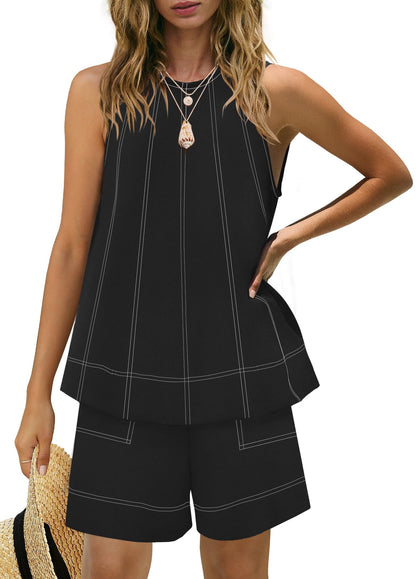 Women's Contrast Stitch 2-Piece Outfit, Sleeveless Tank Top & High Waist Shorts Set
