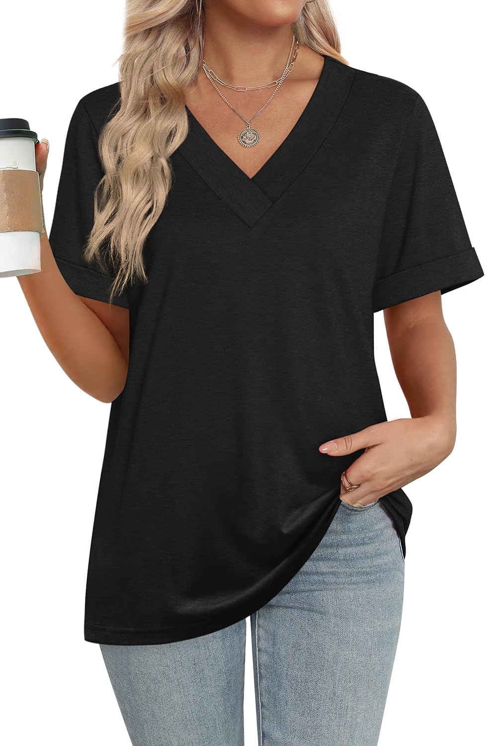 ✨women's Summer Tops Short Sleeve Basic Casual V Neck T Shirts