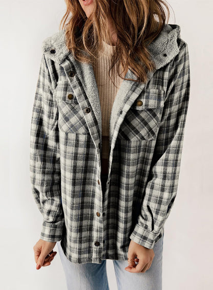 Women's Thickened Flannel Long Sleeve Plaid Jacket Coat with Hood(Buy 2 Free Shipping)