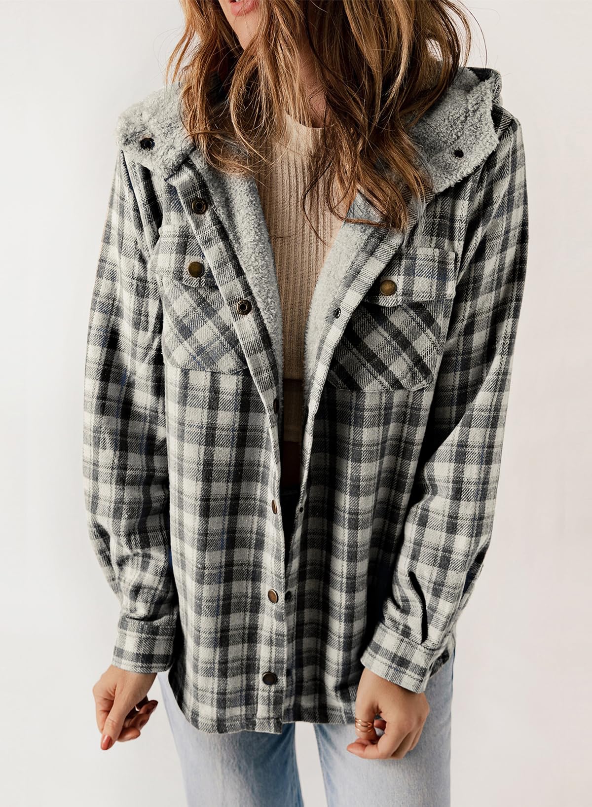 HOT SALE🔥Women's Fall Fuzzy Flannel Long Sleeve Plaid Jacket Coat with Hood