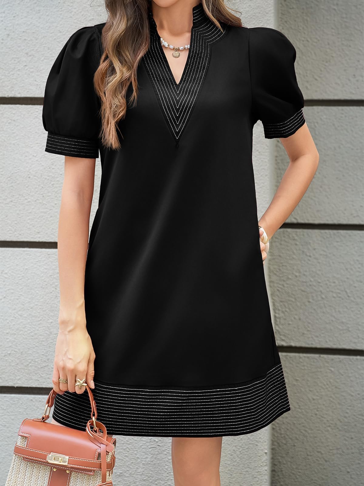 Women's Floral Stripe Trim Puff Sleeve Mini Dress