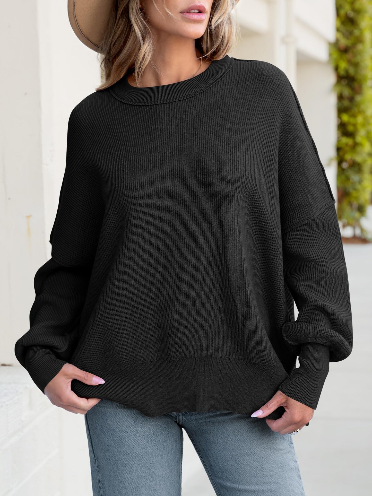 Women Oversized Side Slit Ribbed Knit Pullover Sweaters Top