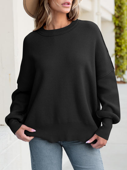 Women Oversized Side Slit Ribbed Knit Pullover Sweaters Top