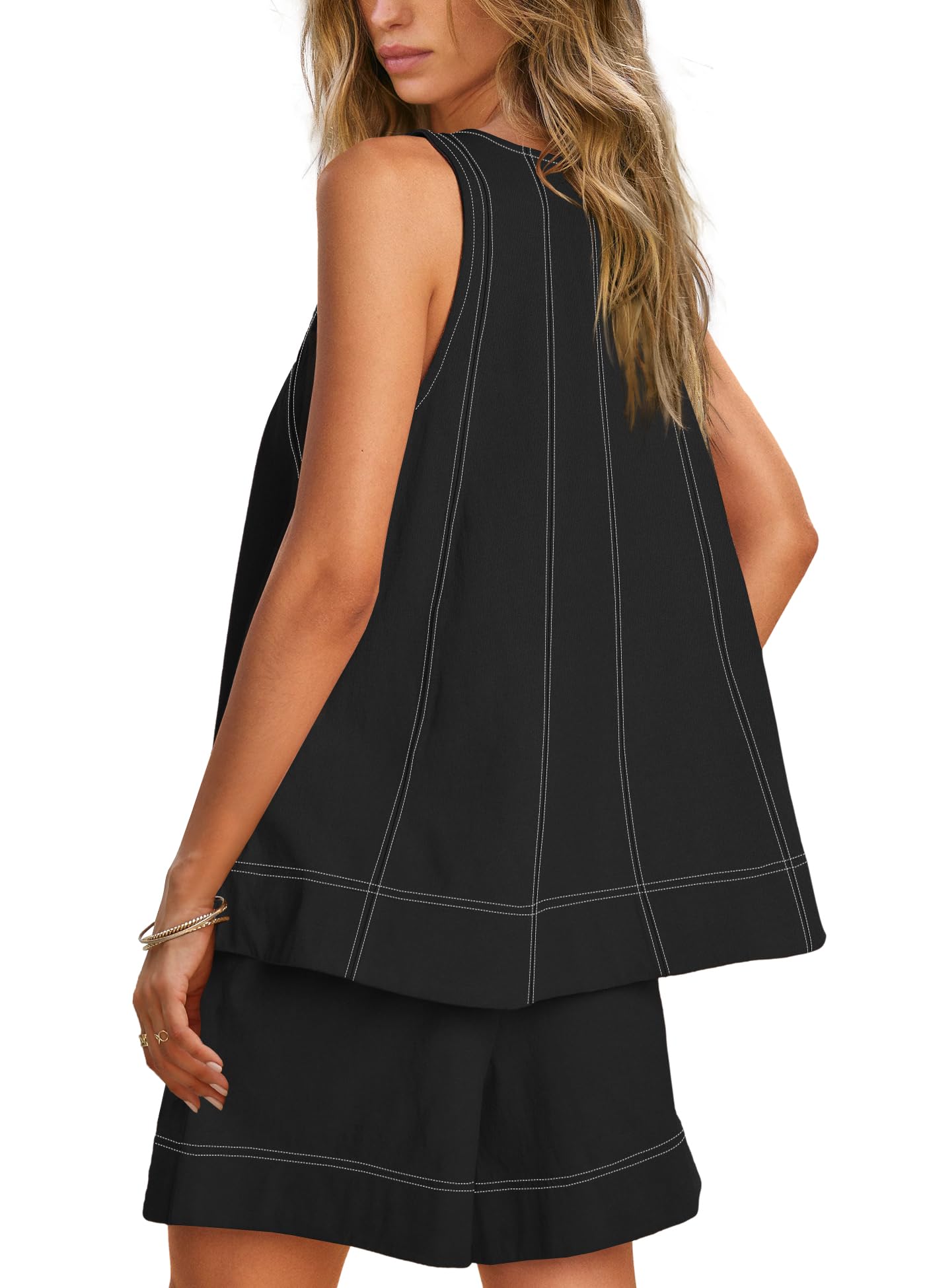 Women's Contrast Stitch 2-Piece Outfit, Sleeveless Tank Top & High Waist Shorts Set