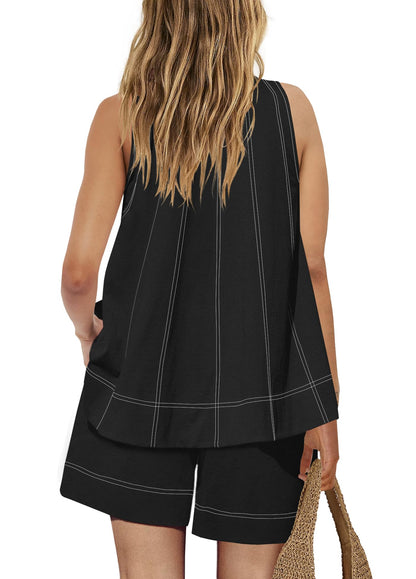 Women's Contrast Stitch 2-Piece Outfit, Sleeveless Tank Top & High Waist Shorts Set