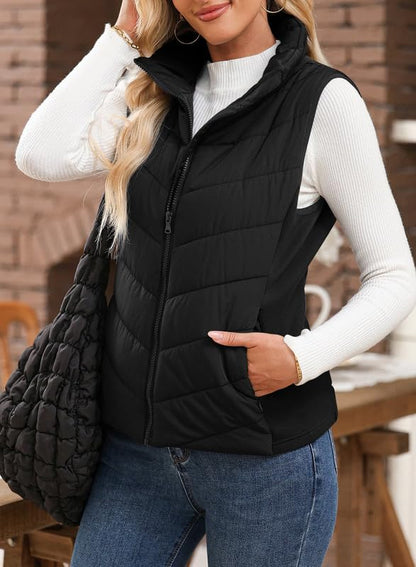 ⏰Hot Sale-Womens Sleeveless Zip Up Outerwear Stand Collar Quilted Puffer Vest