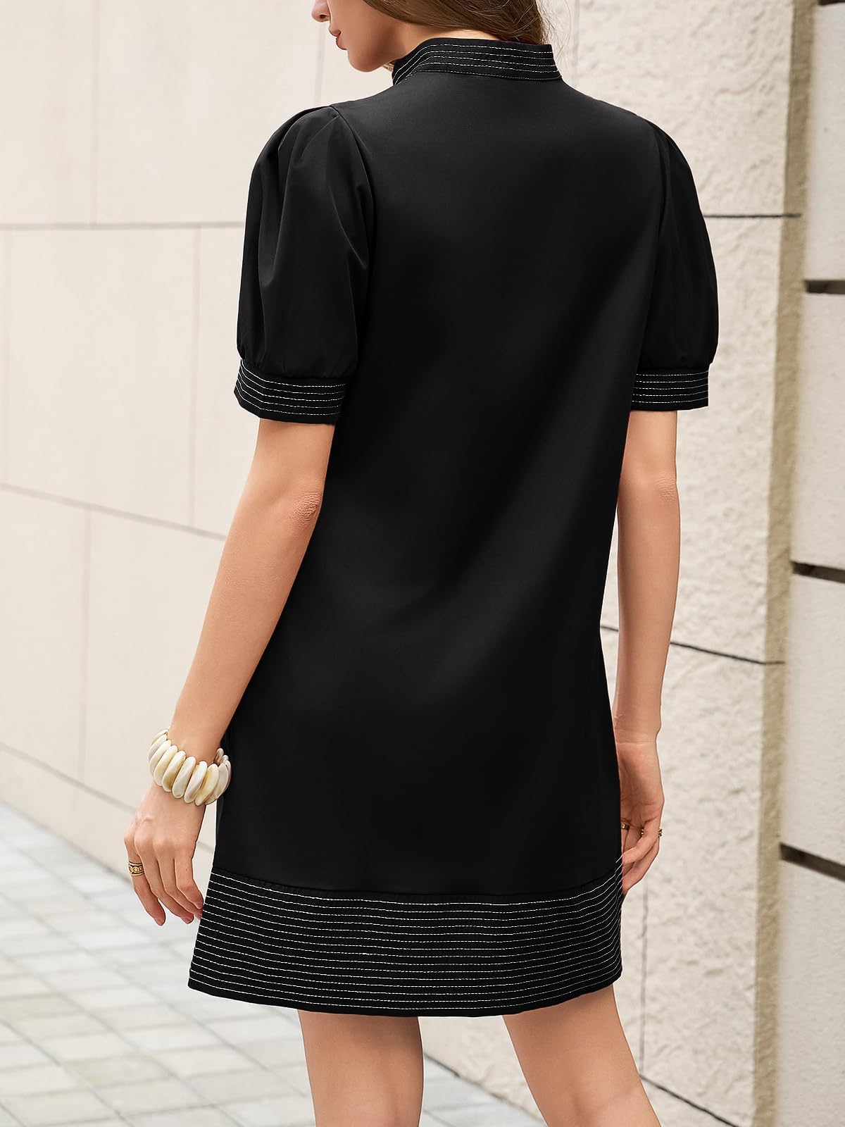 Women's Floral Stripe Trim Puff Sleeve Mini Dress