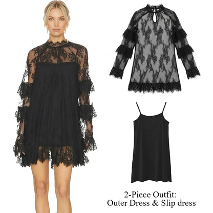 Women's Long Sleeve Crew Neck Sheer Lace See Through Dress