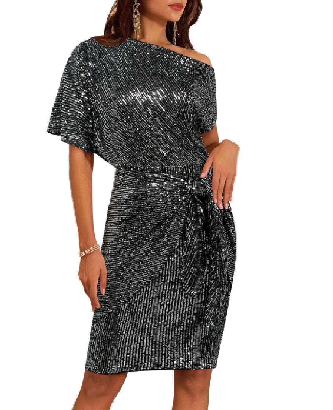 ✨Women's Sequin Sparkly Glitter One Shoulder Ruched Bodycon Dress(Last day 50% OFF!!!)