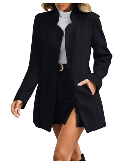 Women's Open Front Slim Fit Overcoat Long Sleeve Stand Collar Outerwear