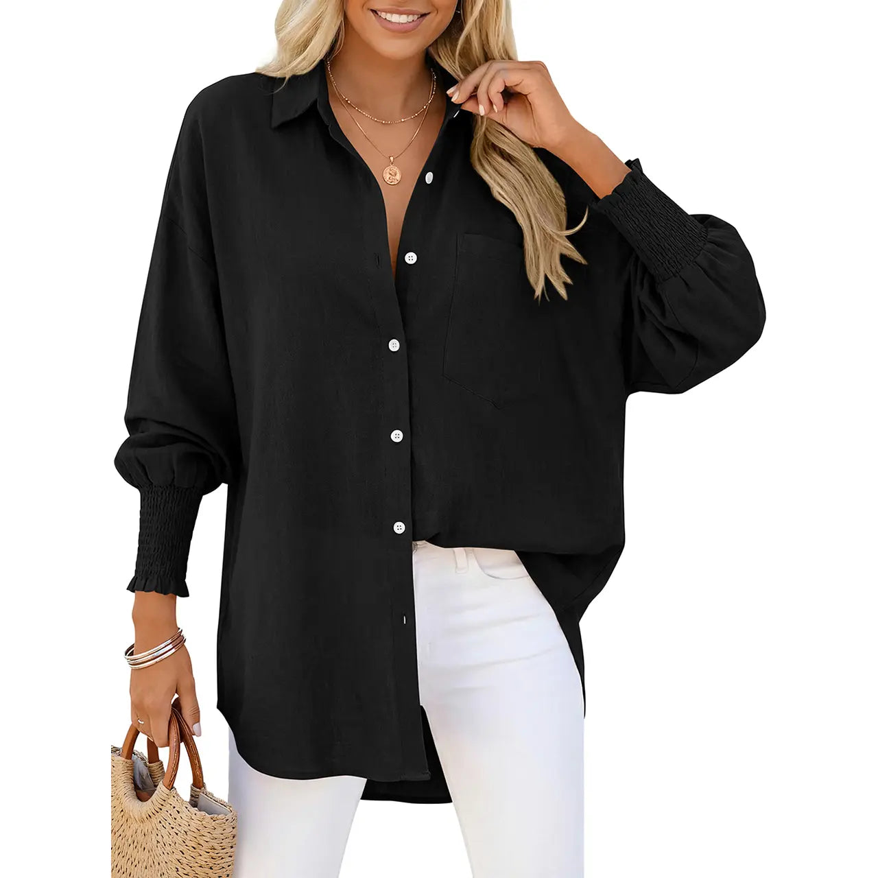 Women Loose Linen Blend Pocket Shirt with Smocked Elastic Cuffs
