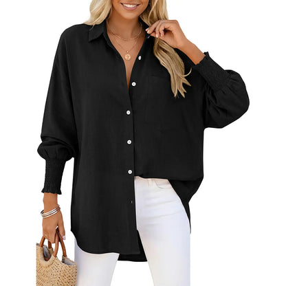 Women Loose Linen Blend Pocket Shirt with Smocked Elastic Cuffs