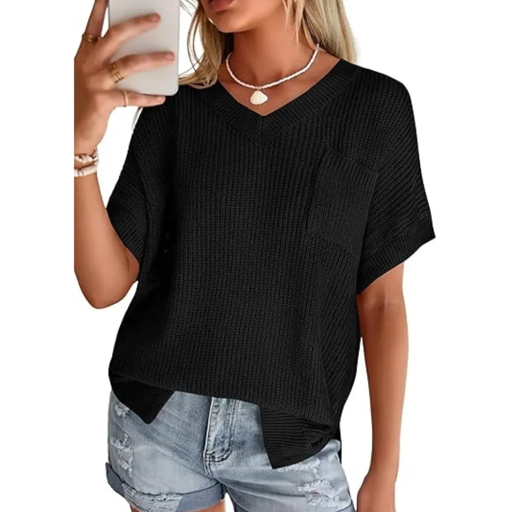 Women Loose V Neck Pocket Short Sleeve Knit Top