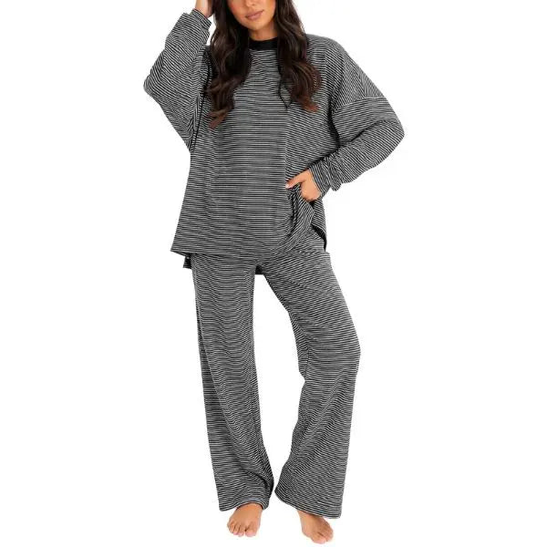 Striped Crew Neck Split Hem Top & Pants Two Piece Set