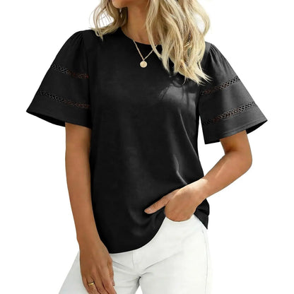Round Neck Double Hollow Stripe Puff Short Sleeve Loose Basic Tee
