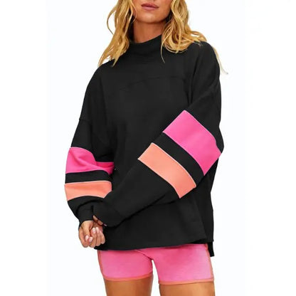 High Mock Neck Color Block Striped Long Sleeve Sweatshirt